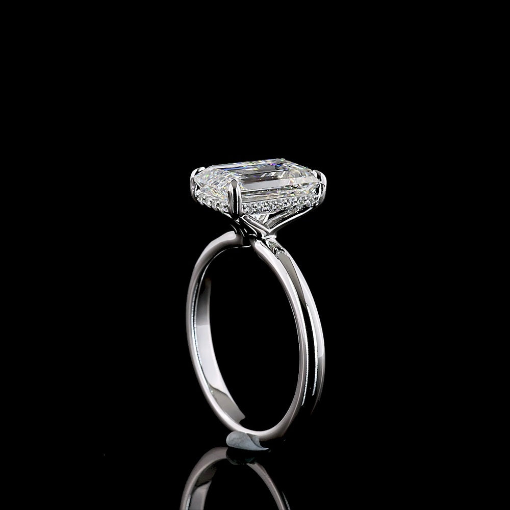 14K White Gold Emerald Cut Hidden Halo Ring with 3.08 Carat Lab Grown Diamond and 0.11 Carat Brilliant Cut Accents - IGI Certified E VVS2 - Covaloro Fine Jewelry