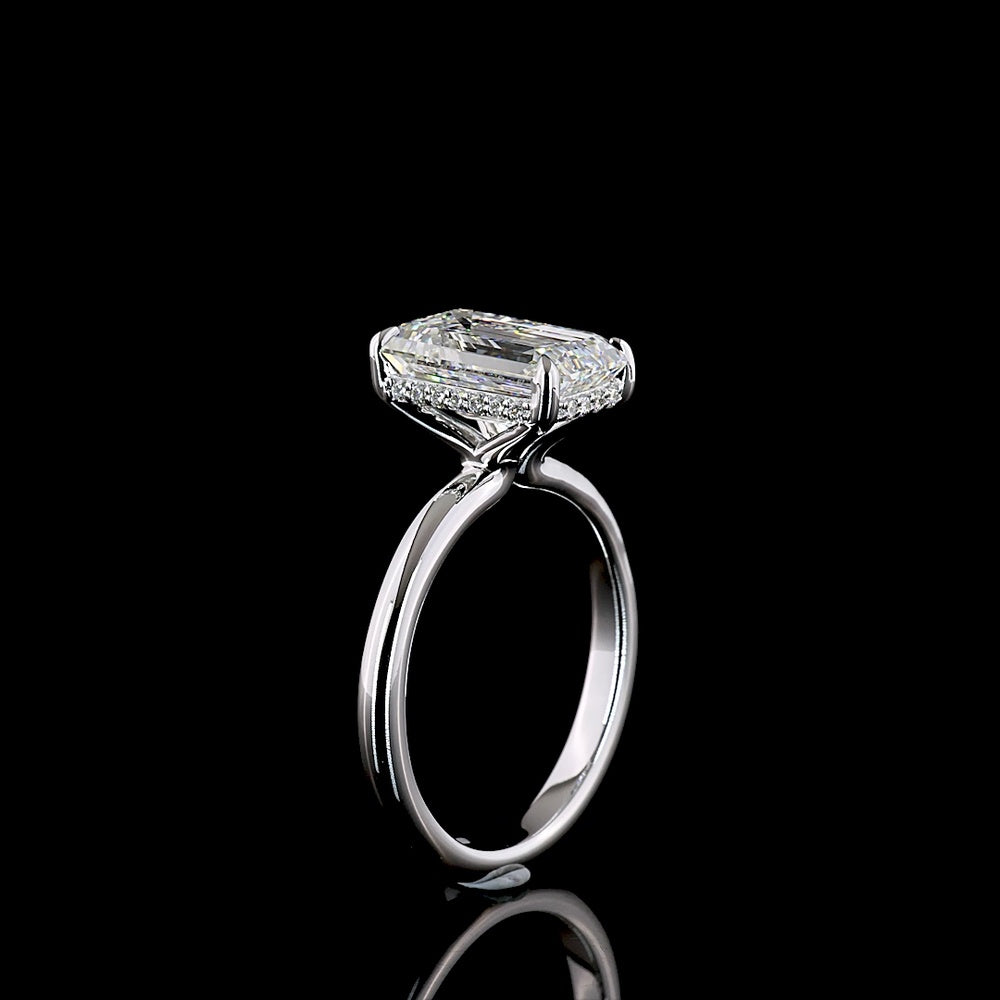 14K White Gold Emerald Cut Hidden Halo Ring with 3.08 Carat Lab Grown Diamond and 0.11 Carat Brilliant Cut Accents - IGI Certified E VVS2 - Covaloro Fine Jewelry