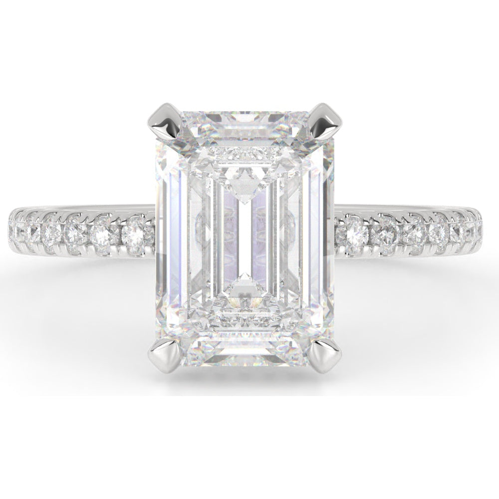 14K White Gold Emerald Cut Hidden Halo Ring with 8.30 Carat Lab Grown Diamond Center and Pavé Diamond Band - 9.01 Total Carat Weight - Covaloro Fine Jewelry