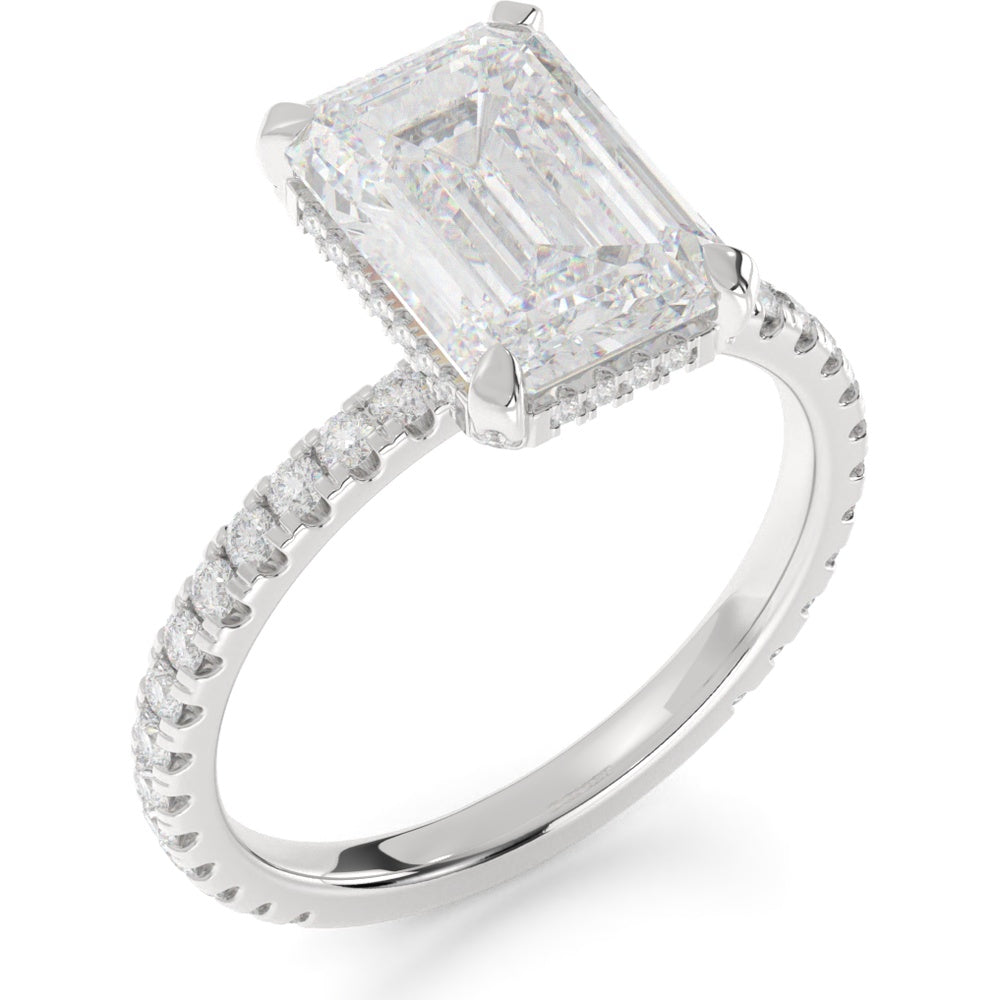 14K White Gold Emerald Cut Hidden Halo Ring with 8.30 Carat Lab Grown Diamond Center and Pavé Diamond Band - 9.01 Total Carat Weight - Covaloro Fine Jewelry