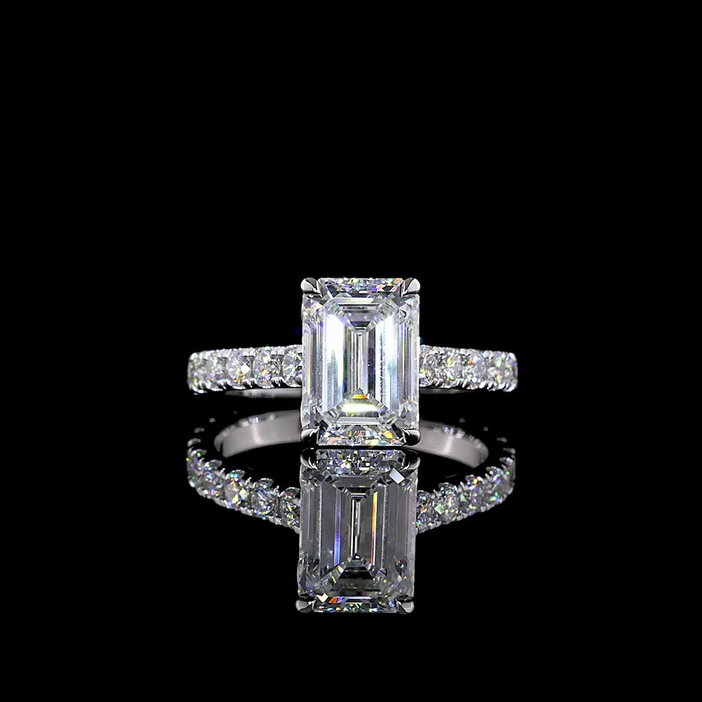 14K White Gold Emerald Cut Hidden Halo Ring with Lab Diamonds - 3.05 Carat Center and 0.87 Carat Hidden Halo - 3.92 Carat Total Diamond Weight - Covaloro Fine Jewelry
