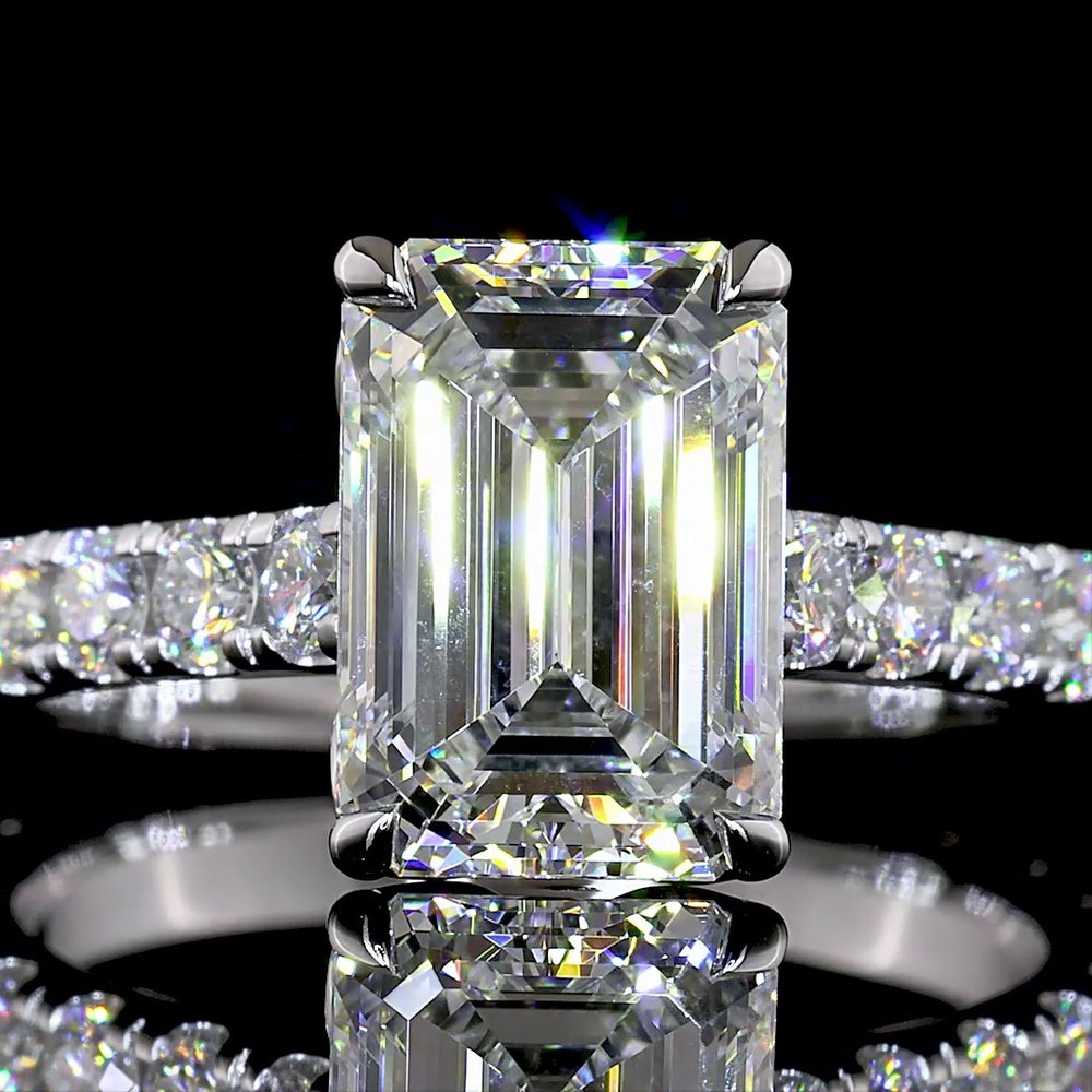 14K White Gold Emerald Cut Hidden Halo Ring with Lab Diamonds - 3.05 Carat Center and 0.87 Carat Hidden Halo - 3.92 Carat Total Diamond Weight - Covaloro Fine Jewelry