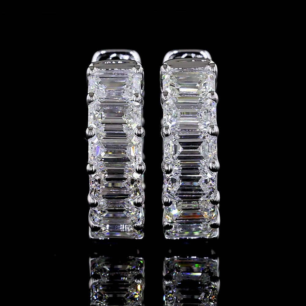14K White Gold Emerald Cut Huggie Earrings with 20 Lab Diamonds - 3.07 Carats Total Diamond Weight - Covaloro Fine Jewelry