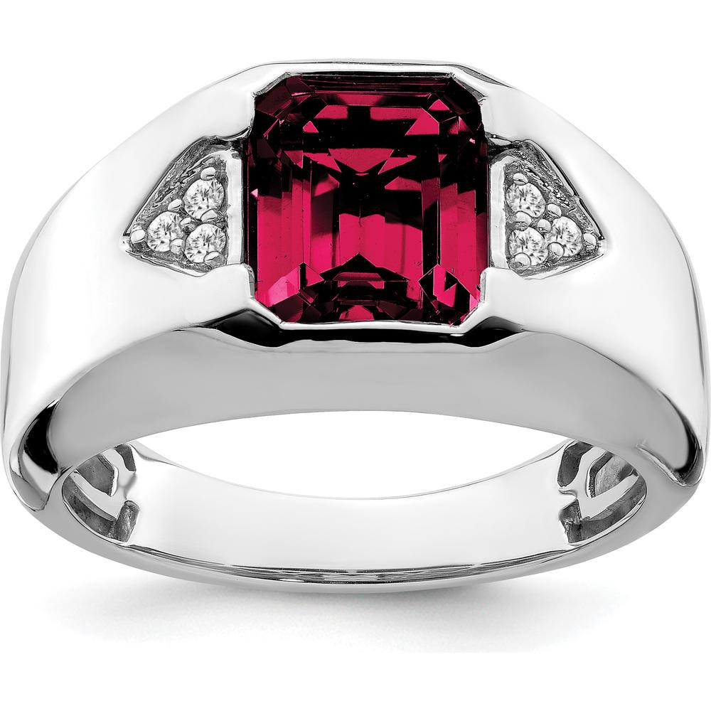 14K White Gold Emerald-Cut Lab-Created Ruby and Diamond Men's Ring - 3.76 Carat Ruby, 0.015 Carat Diamond by 0