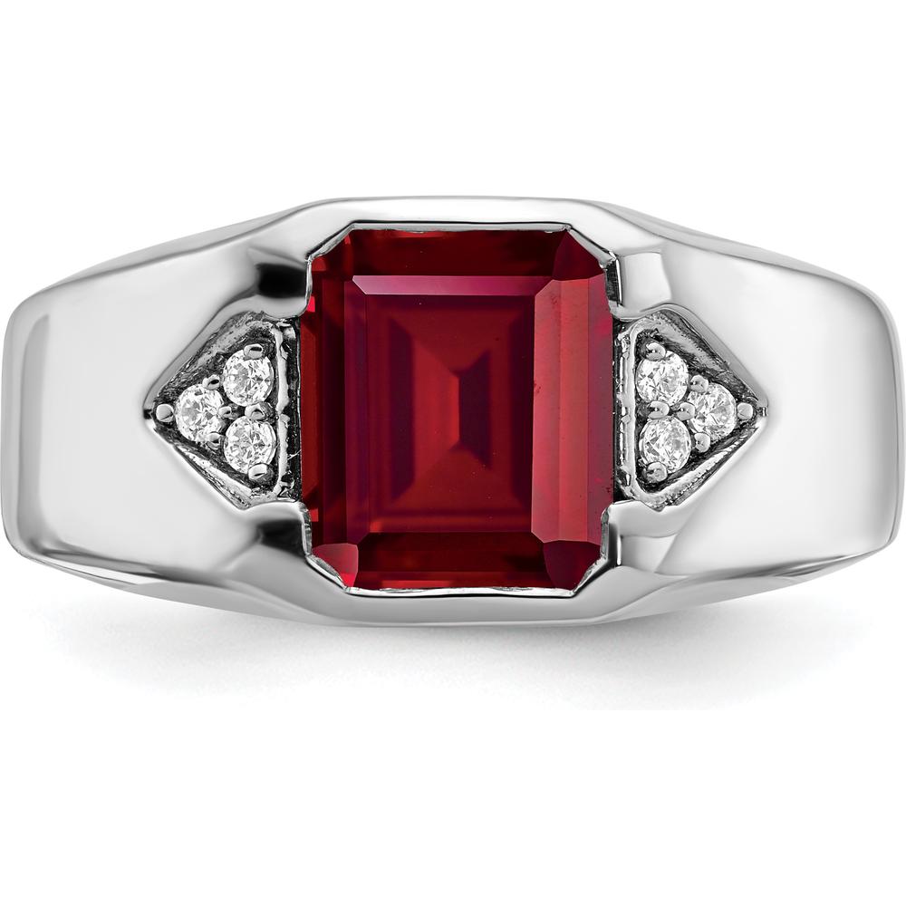 14K White Gold Emerald-Cut Lab-Created Ruby and Diamond Men's Ring - 3.76 Carat Ruby, 0.015 Carat Diamond by 0