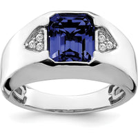 14K White Gold Emerald-Cut Lab-Created Sapphire and Diamond Men's Ring - 3.76 Carat Sapphire, 0.09 Carat Diamond Total Weight by 0