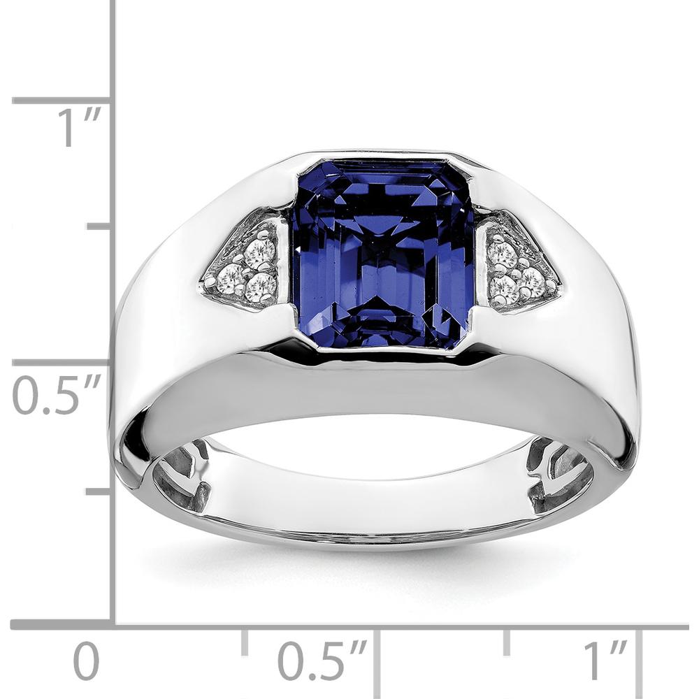 14K White Gold Emerald-Cut Lab-Created Sapphire and Diamond Men's Ring - 3.76 Carat Sapphire, 0.09 Carat Diamond Total Weight by 0