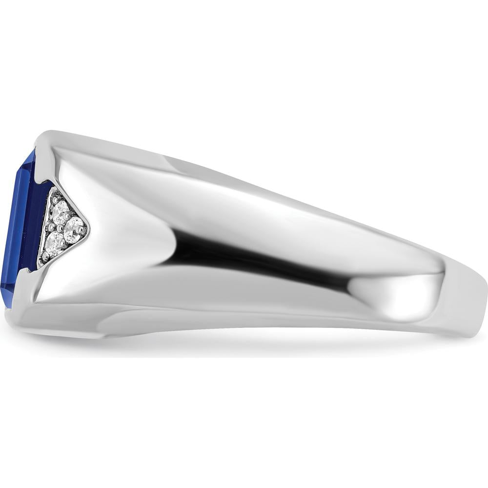 14K White Gold Emerald-Cut Lab-Created Sapphire and Diamond Men's Ring - 3.76 Carat Sapphire, 0.09 Carat Diamond Total Weight by 0
