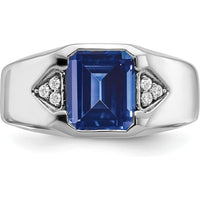14K White Gold Emerald-Cut Lab-Created Sapphire and Diamond Men's Ring - 3.76 Carat Sapphire, 0.09 Carat Diamond Total Weight by 0
