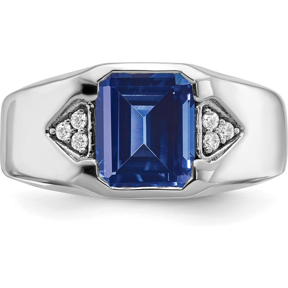 14K White Gold Emerald-Cut Lab-Created Sapphire and Diamond Men's Ring - 3.76 Carat Sapphire, 0.09 Carat Diamond Total Weight by 0