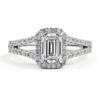 14K White Gold Emerald Cut Lab Diamond Halo Ring with Split Shank Diamond Band - 2.44 Carats Total Diamond Weight, GIA Certified - Covaloro Fine Jewelry
