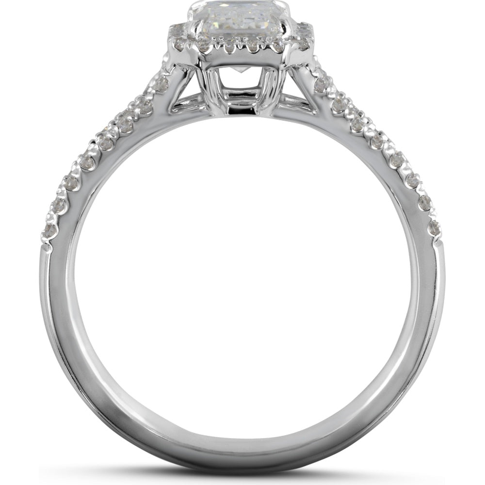 14K White Gold Emerald Cut Lab Diamond Halo Ring with Split Shank Diamond Band - 2.44 Carats Total Diamond Weight, GIA Certified - Covaloro Fine Jewelry