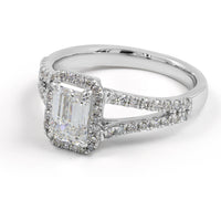 14K White Gold Emerald Cut Lab Diamond Halo Ring with Split Shank Diamond Band - 2.44 Carats Total Diamond Weight, GIA Certified - Covaloro Fine Jewelry