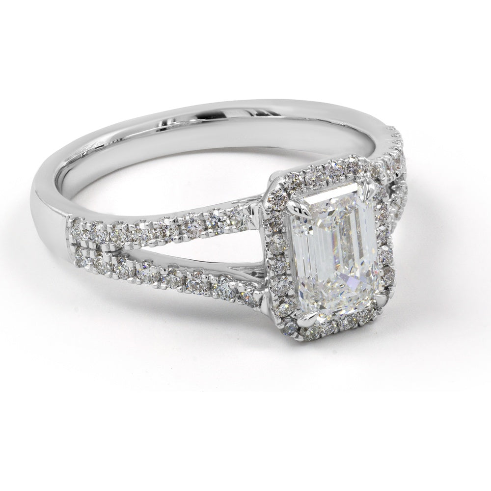 14K White Gold Emerald Cut Lab Diamond Halo Ring with Split Shank Diamond Band - 2.44 Carats Total Diamond Weight, GIA Certified - Covaloro Fine Jewelry