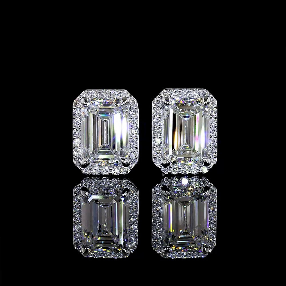 14K White Gold Emerald-Cut Lab Diamond Halo Stud Earrings with D VS1 and E VS1 Center Stones - 2.43 Carat Total Diamond Weight - Covaloro Fine Jewelry