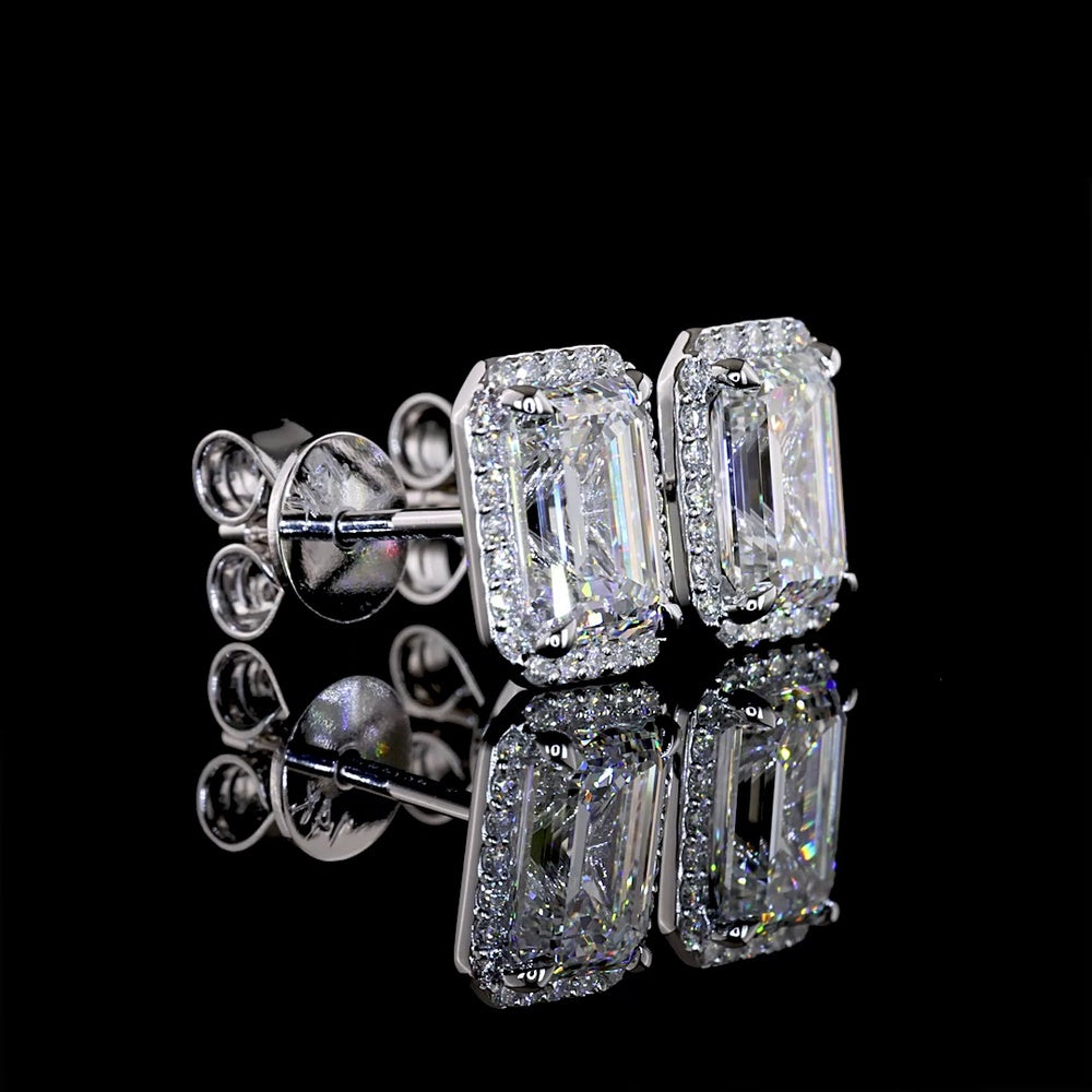 14K White Gold Emerald-Cut Lab Diamond Halo Stud Earrings with D VS1 and E VS1 Center Stones - 2.43 Carat Total Diamond Weight - Covaloro Fine Jewelry