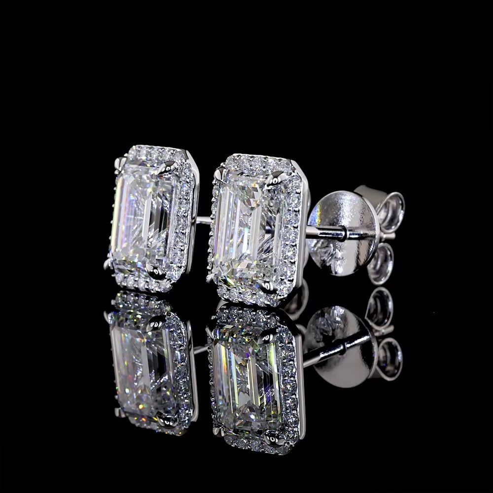 14K White Gold Emerald-Cut Lab Diamond Halo Stud Earrings with D VS1 and E VS1 Center Stones - 2.43 Carat Total Diamond Weight - Covaloro Fine Jewelry