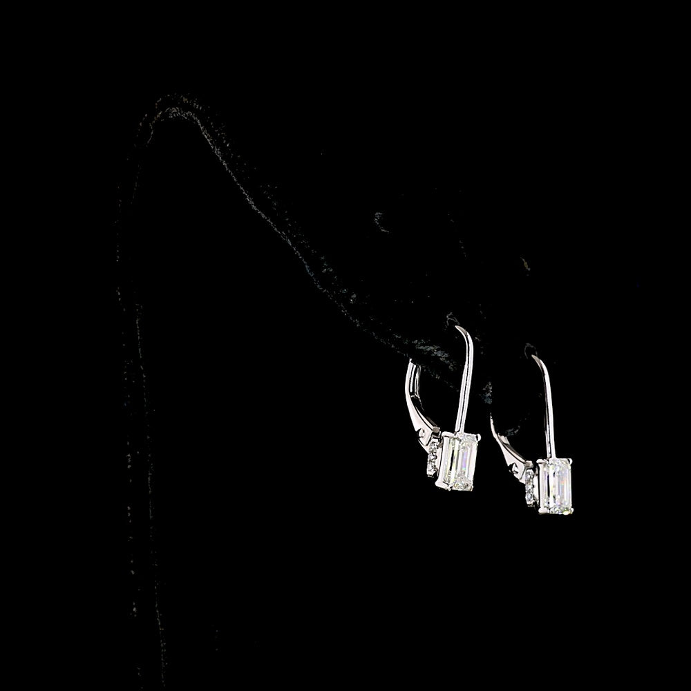 14K White Gold Emerald Cut Lab Diamond Hanging Earrings with Brilliant Cut Accents - 1.10 Total Carat Weight - Covaloro Fine Jewelry