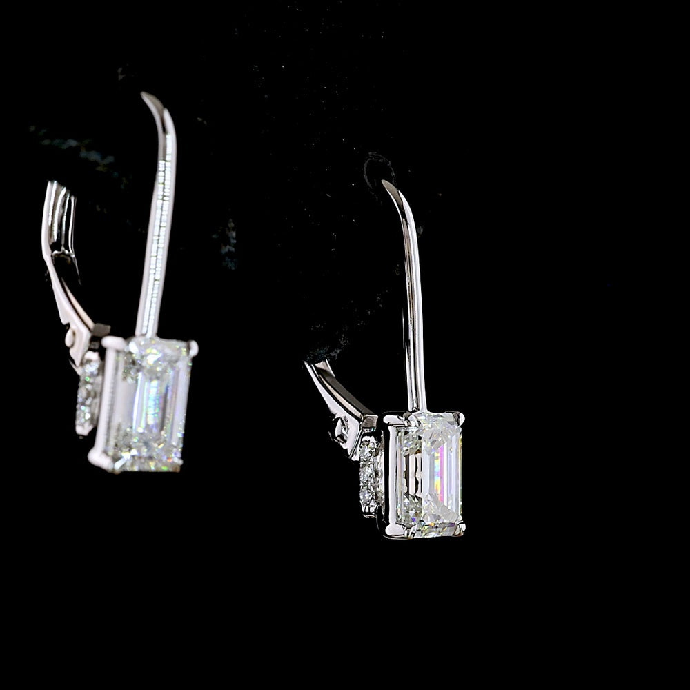 14K White Gold Emerald Cut Lab Diamond Hanging Earrings with Brilliant Cut Accents - 1.10 Total Carat Weight - Covaloro Fine Jewelry