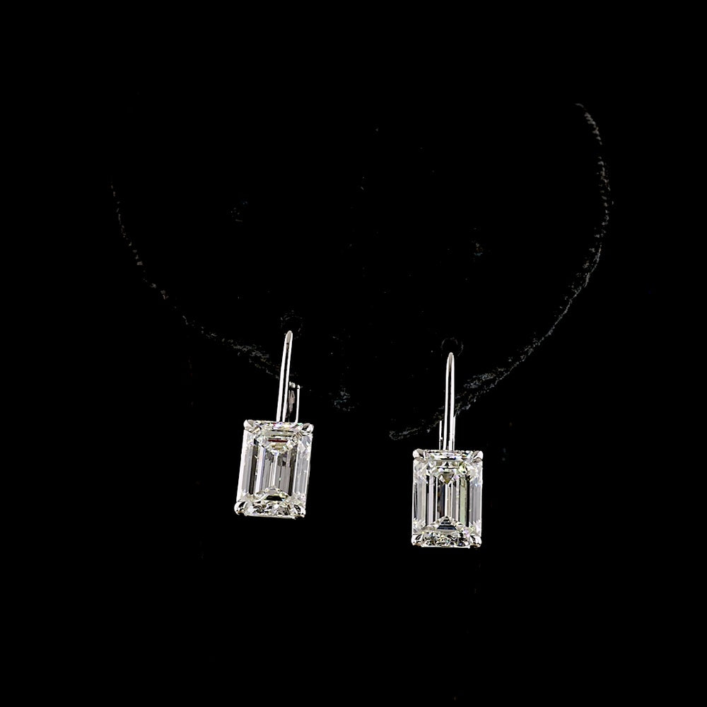 14K White Gold Emerald Cut Lab Diamond Hanging Earrings with Brilliant Cut Diamond Halo - 4.22 Carat Total Diamond Weight - Covaloro Fine Jewelry