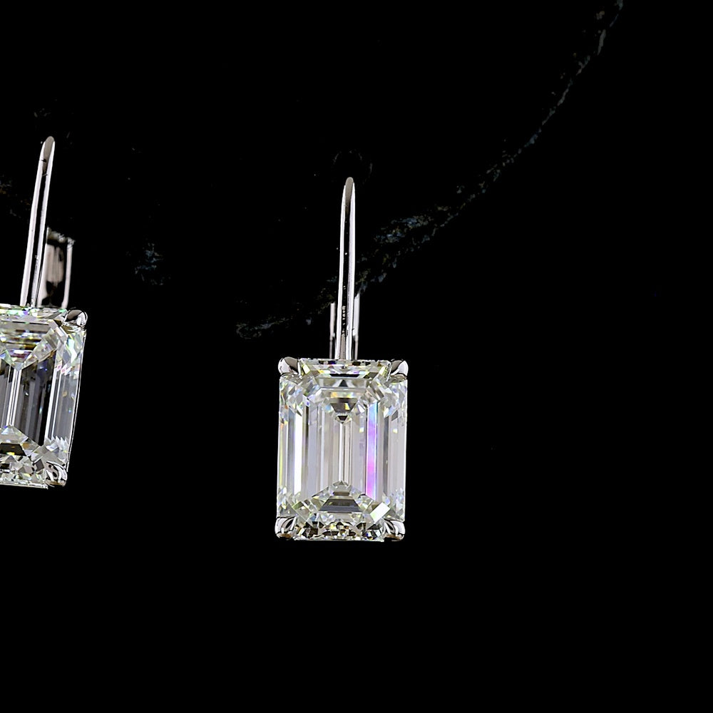 14K White Gold Emerald Cut Lab Diamond Hanging Earrings with Brilliant Cut Diamond Halo - 4.22 Carat Total Diamond Weight - Covaloro Fine Jewelry