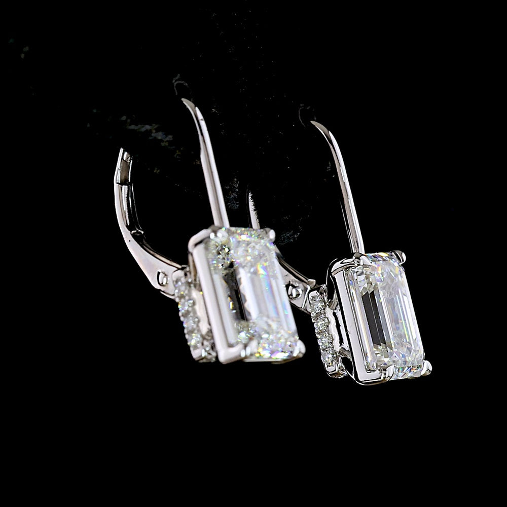 14K White Gold Emerald Cut Lab Diamond Hanging Earrings with Brilliant Cut Diamond Halo - 4.22 Carat Total Diamond Weight - Covaloro Fine Jewelry