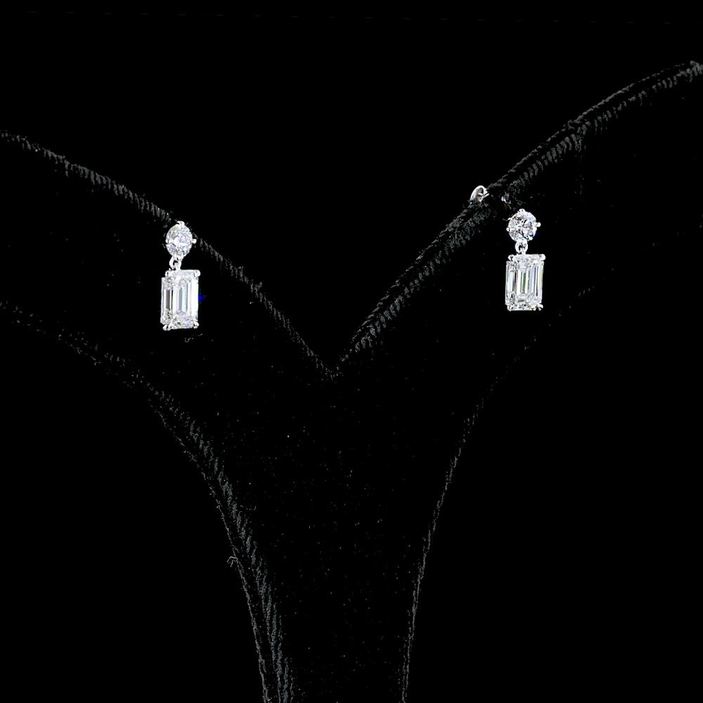 14K White Gold Emerald Cut Lab Diamond Hanging Earrings with Brilliant Round Accents - 1.58 Carats Total Diamond Weight - Covaloro Fine Jewelry