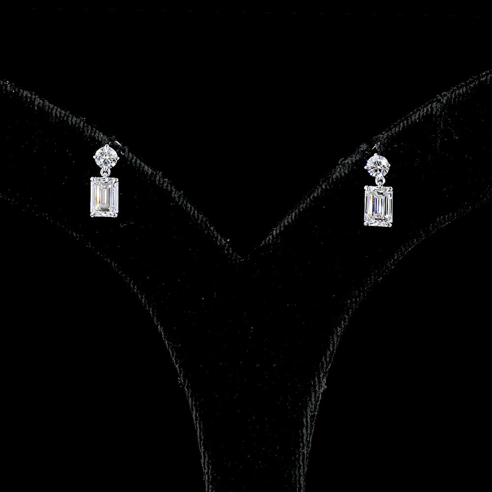 14K White Gold Emerald Cut Lab Diamond Hanging Earrings with Brilliant Round Accents - 1.58 Carats Total Diamond Weight - Covaloro Fine Jewelry
