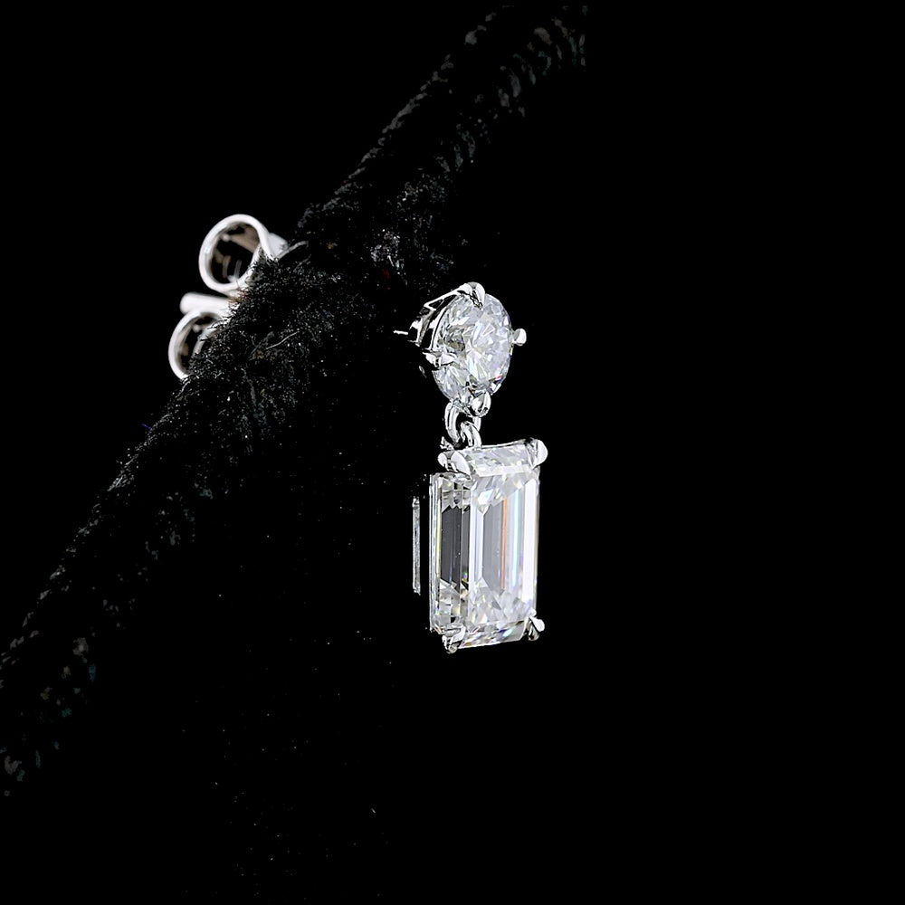 14K White Gold Emerald Cut Lab Diamond Hanging Earrings with Brilliant Round Accents - 1.58 Carats Total Diamond Weight - Covaloro Fine Jewelry