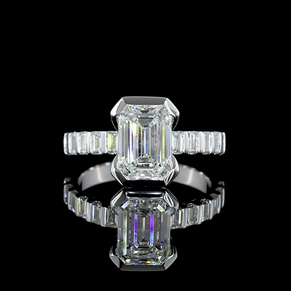 14K White Gold Emerald Cut Lab Diamond Hidden Halo Ring with Baguette Side Stones - 2.83 Carat Total Diamond Weight, IGI Certified (E-F Color, VS Clarity) - Covaloro Fine Jewelry