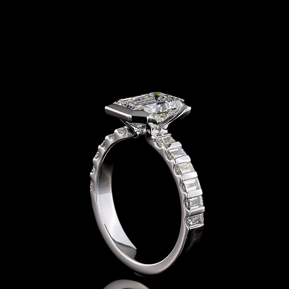 14K White Gold Emerald Cut Lab Diamond Hidden Halo Ring with Baguette Side Stones - 2.83 Carat Total Diamond Weight, IGI Certified (E-F Color, VS Clarity) - Covaloro Fine Jewelry