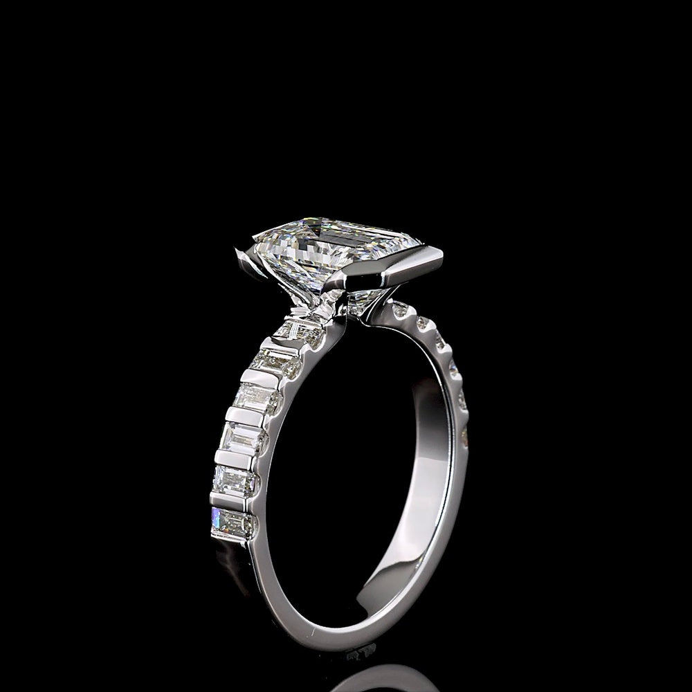 14K White Gold Emerald Cut Lab Diamond Hidden Halo Ring with Baguette Side Stones - 2.83 Carat Total Diamond Weight, IGI Certified (E-F Color, VS Clarity) - Covaloro Fine Jewelry
