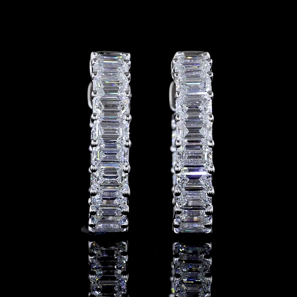 14K White Gold Emerald Cut Lab Diamond Huggie Earrings - 1.44 Carats Total Diamond Weight, Prong Set, E-F Color VS1 Clarity - Covaloro Fine Jewelry