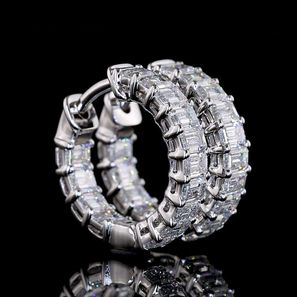 14K White Gold Emerald Cut Lab Diamond Huggie Earrings - 1.62 Carats Total Diamond Weight, 28 Stones, E-F VS - Covaloro Fine Jewelry