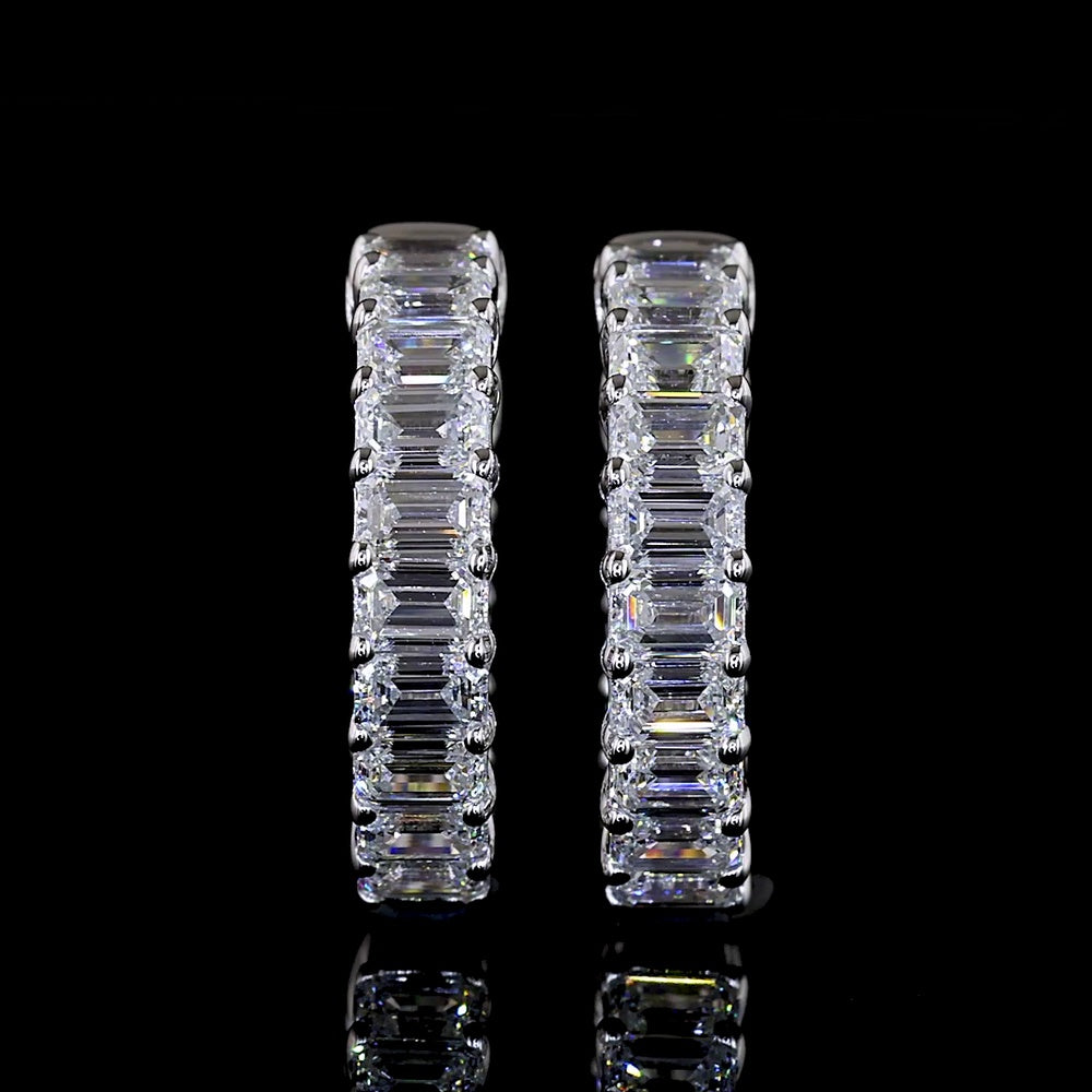 14K White Gold Emerald Cut Lab Diamond Huggie Earrings - 1.62 Carats Total Diamond Weight, 28 Stones, E-F VS - Covaloro Fine Jewelry