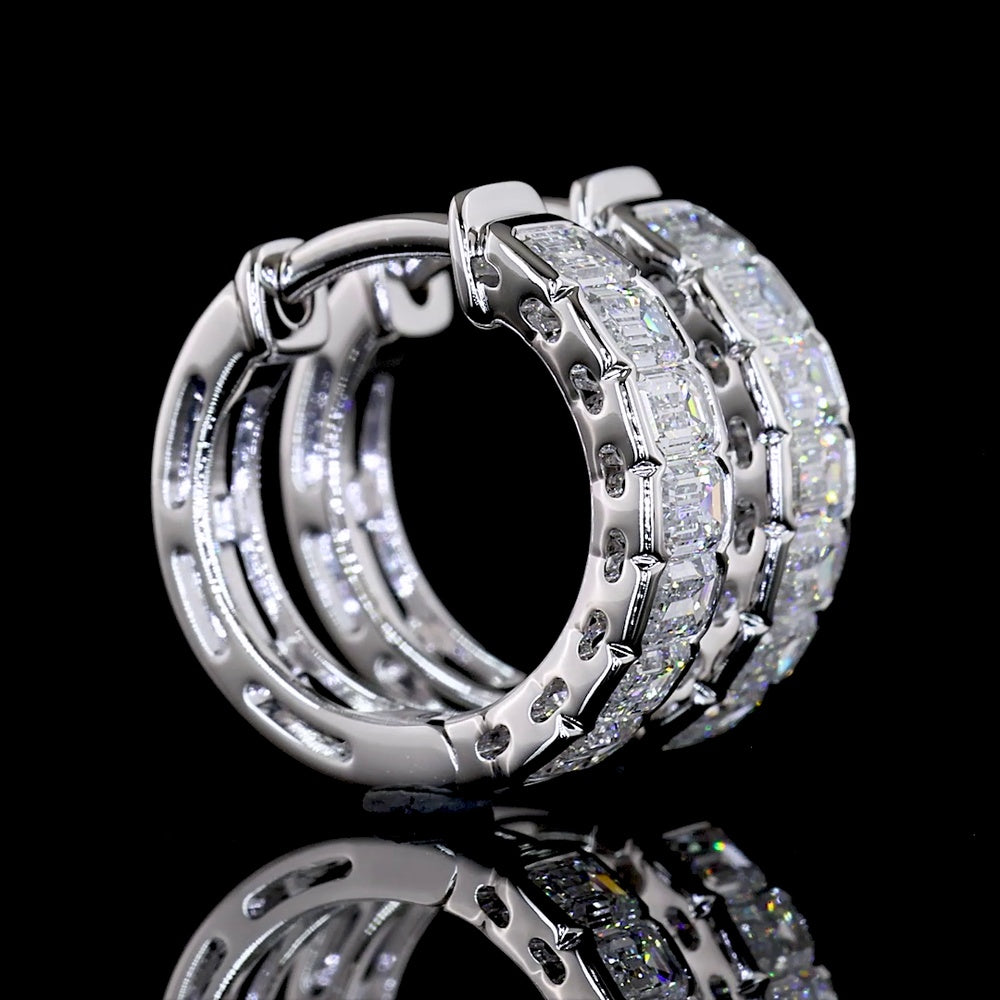 14K White Gold Emerald Cut Lab Diamond Huggie Earrings with Half Bezel Setting - 1.08 Carats Total Diamond Weight - Covaloro Fine Jewelry