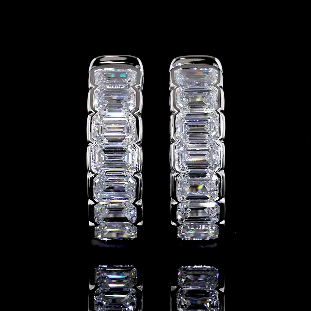 14K White Gold Emerald Cut Lab Diamond Huggie Earrings with Half Bezel Setting - 1.08 Carats Total Diamond Weight - Covaloro Fine Jewelry