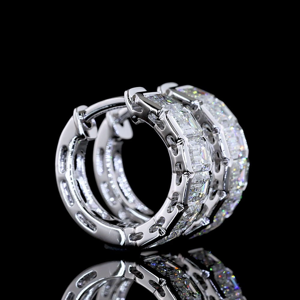 14K White Gold Emerald Cut Lab Diamond Huggie Earrings with Half Bezel Setting - 2.09 Carat Total Weight - Covaloro Fine Jewelry