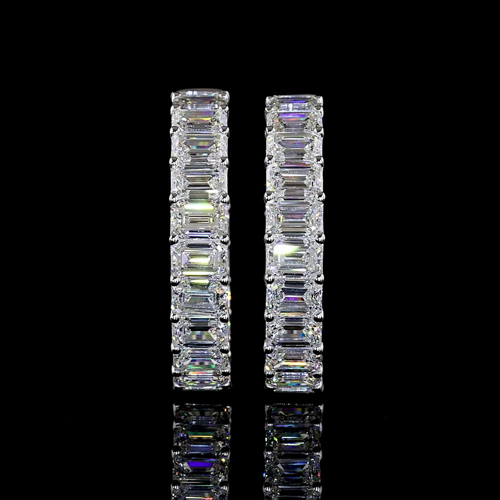 14K White Gold Emerald Cut Lab Diamond Huggie Earrings with Prong Setting - 8.60 Carat Total Weight (E-F Color, VS1 Clarity) - Covaloro Fine Jewelry