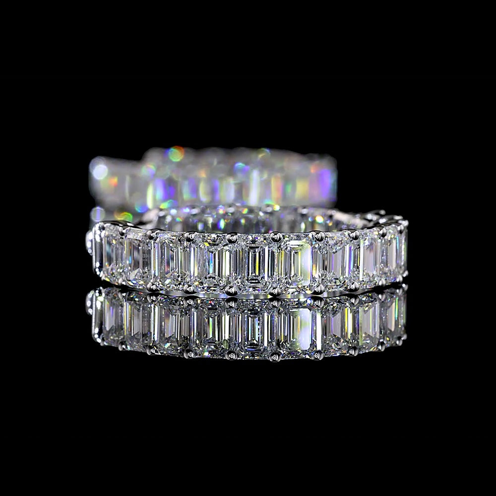14K White Gold Emerald Cut Lab Diamond Huggie Earrings with Prong Setting - 8.60 Carat Total Weight (E-F Color, VS1 Clarity) - Covaloro Fine Jewelry