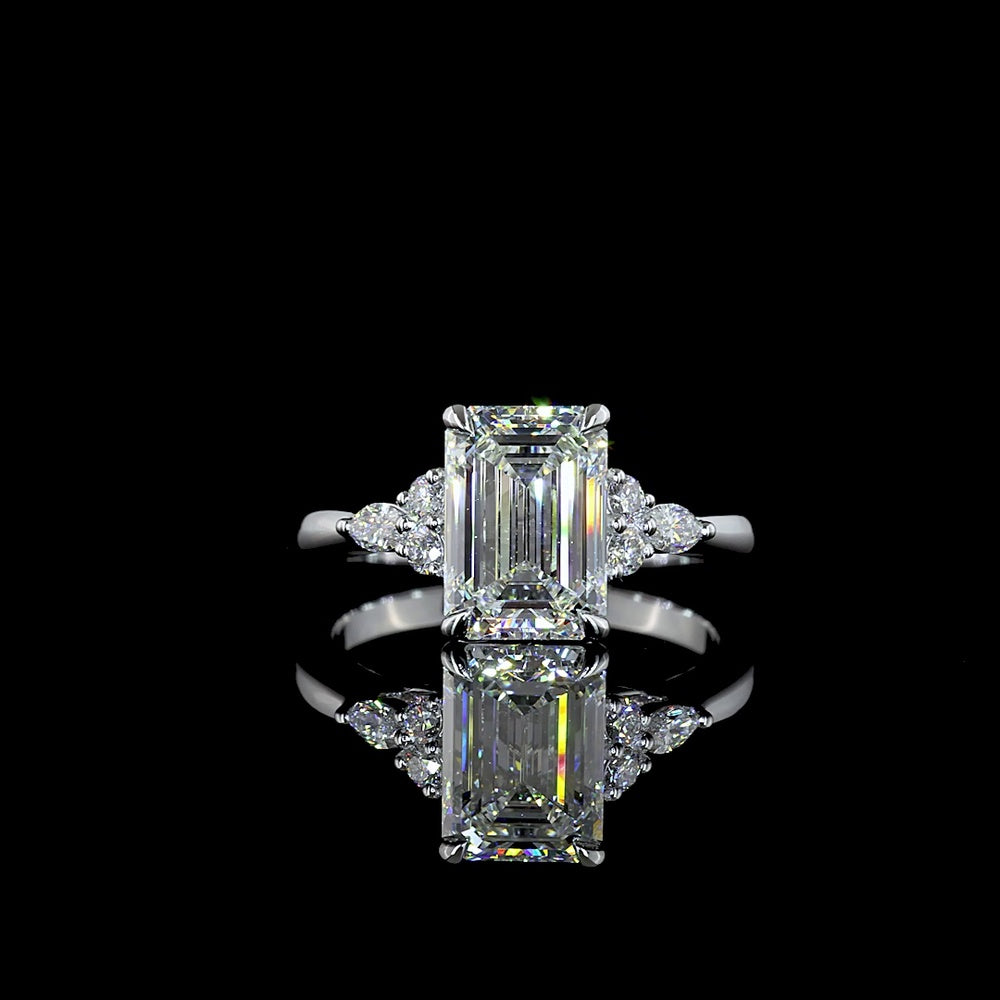 14K White Gold Emerald Cut Lab Diamond Ring with Marquise and Round Accents - 2.76 Carat Total Diamond Weight - Covaloro Fine Jewelry