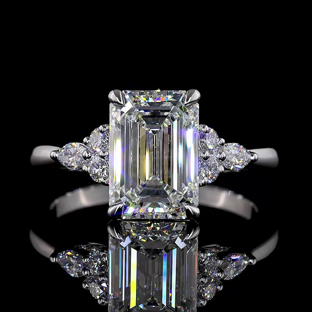 14K White Gold Emerald Cut Lab Diamond Ring with Marquise and Round Accents - 2.76 Carat Total Diamond Weight - Covaloro Fine Jewelry