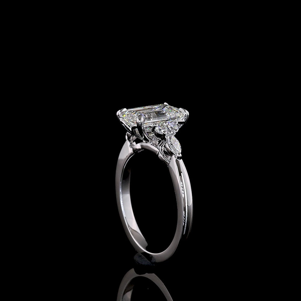 14K White Gold Emerald Cut Lab Diamond Ring with Marquise and Round Accents - 2.76 Carat Total Diamond Weight - Covaloro Fine Jewelry