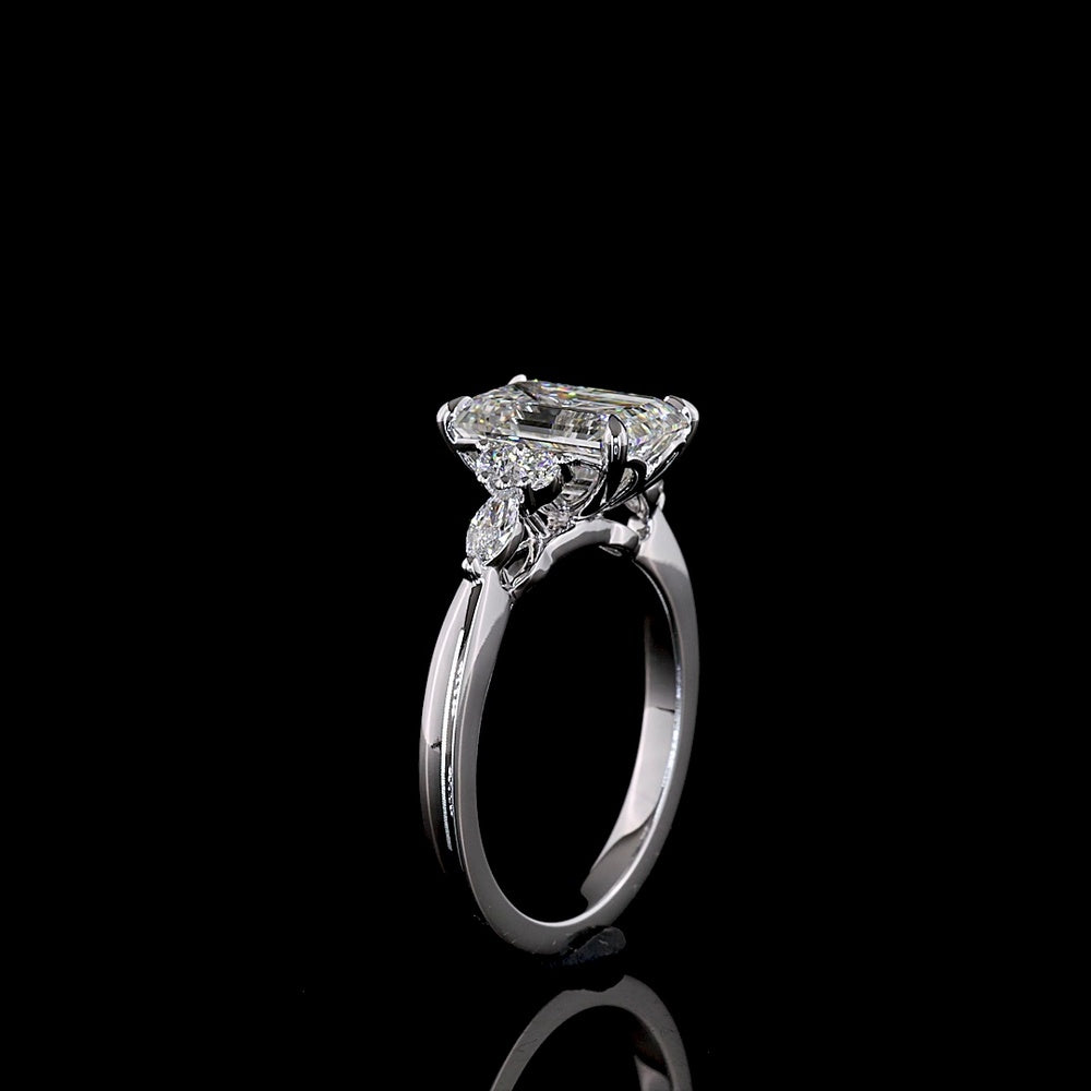 14K White Gold Emerald Cut Lab Diamond Ring with Marquise and Round Accents - 2.76 Carat Total Diamond Weight - Covaloro Fine Jewelry