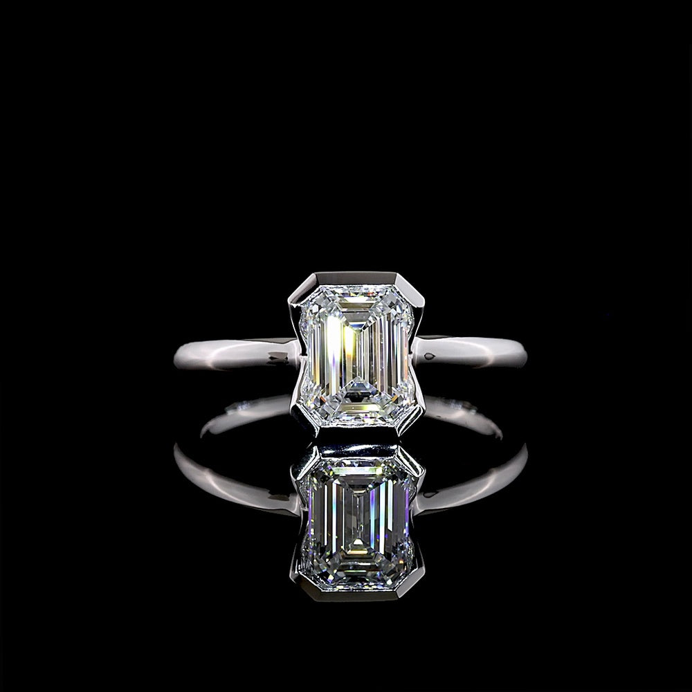 14K White Gold Emerald Cut Lab Diamond Solitaire Ring with Half Bezel Setting - 1.22 Carat Total Diamond Weight, D VVS1 IGI Certified - Covaloro Fine Jewelry