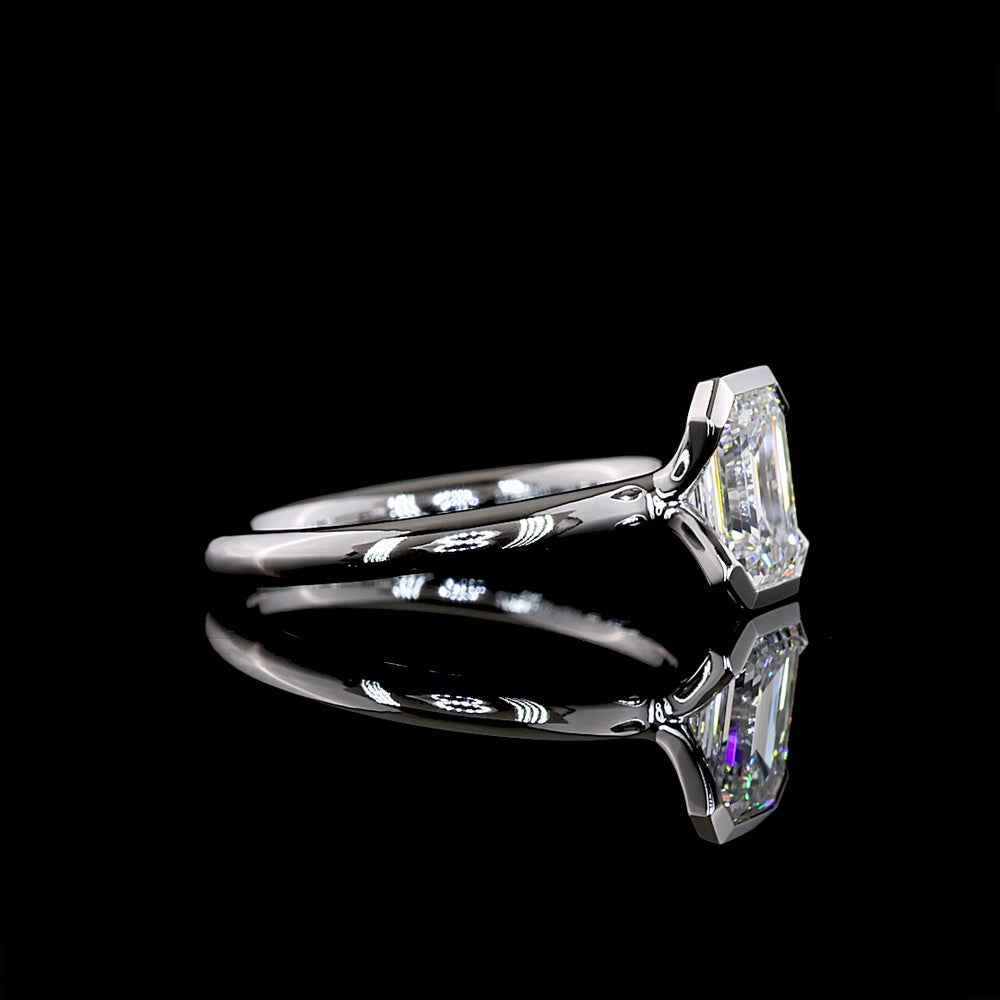14K White Gold Emerald Cut Lab Diamond Solitaire Ring with Half Bezel Setting - 1.22 Carat Total Diamond Weight, D VVS1 IGI Certified - Covaloro Fine Jewelry