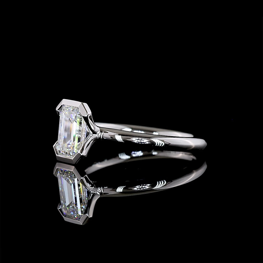 14K White Gold Emerald Cut Lab Diamond Solitaire Ring with Half Bezel Setting - 1.22 Carat Total Diamond Weight, D VVS1 IGI Certified - Covaloro Fine Jewelry