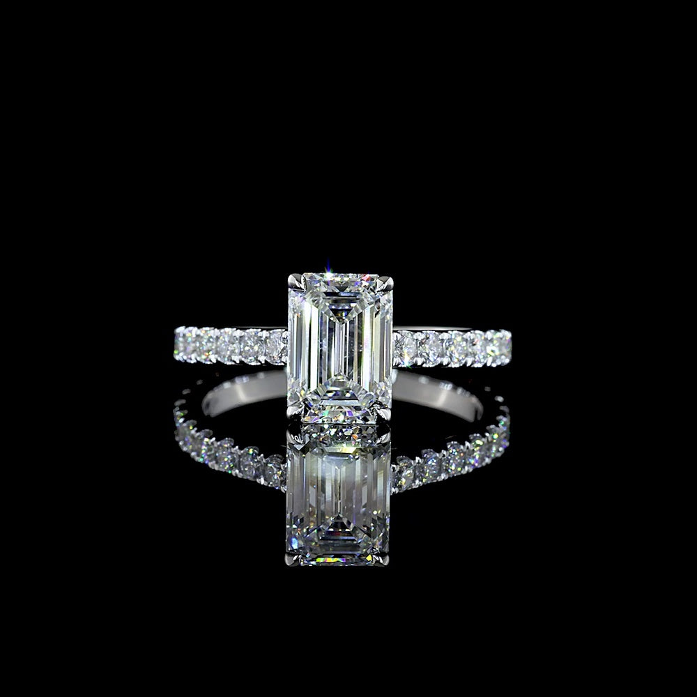 14K White Gold Emerald Cut Lab Diamond Solitaire Ring with North-South Diamond Shank - 2.69 Carats Total Diamond Weight, E-F Color VS1 Clarity, IGI Certified - Covaloro Fine Jewelry
