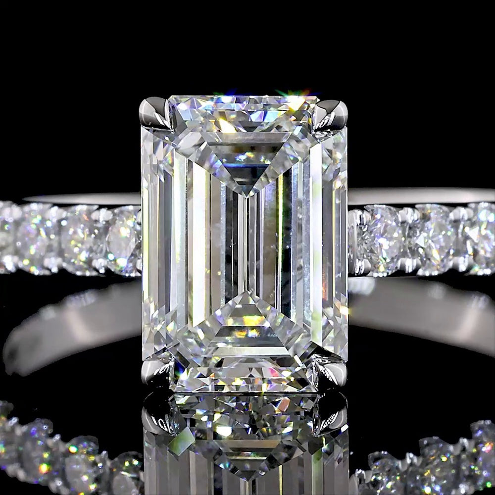14K White Gold Emerald Cut Lab Diamond Solitaire Ring with North-South Diamond Shank - 2.69 Carats Total Diamond Weight, E-F Color VS1 Clarity, IGI Certified - Covaloro Fine Jewelry