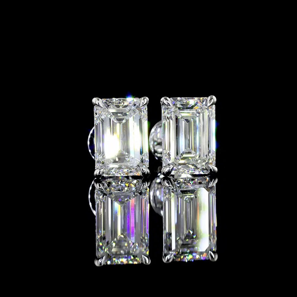 14K White Gold Emerald Cut Lab Diamond Stud Earrings - 3.03 Total Carat Weight, E-F Color, VVS2 Clarity, North-South Prong Setting - Covaloro Fine Jewelry